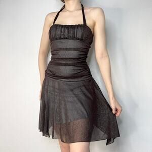 Y2K Fairycore Whimsigoth Sparkly Glitter Fairy Halter Dress Brown Homecoming